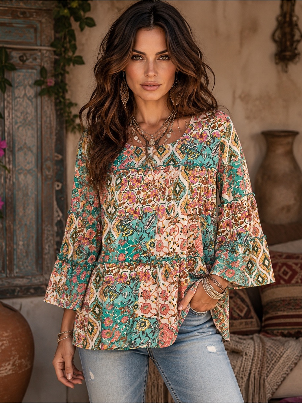 Cato Patchwork Boho Peplum Top L Floral Eyelet Knit 3/4 Bell Sleeve